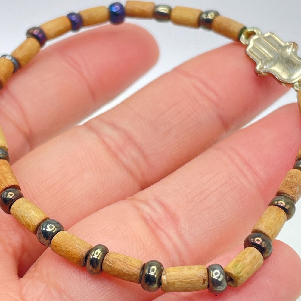Artisan Tan Spiritual Hematite Wood Beaded Hamsa Hand Charm Stretch Bracelet